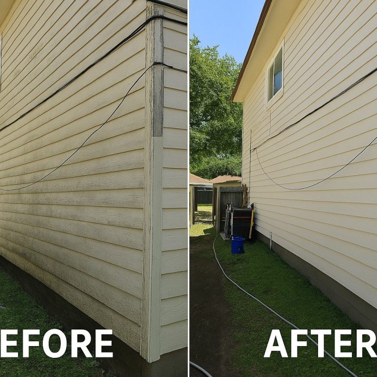 Before and after of soft wash House soft wash that safely removes mold, mildew, and algae.