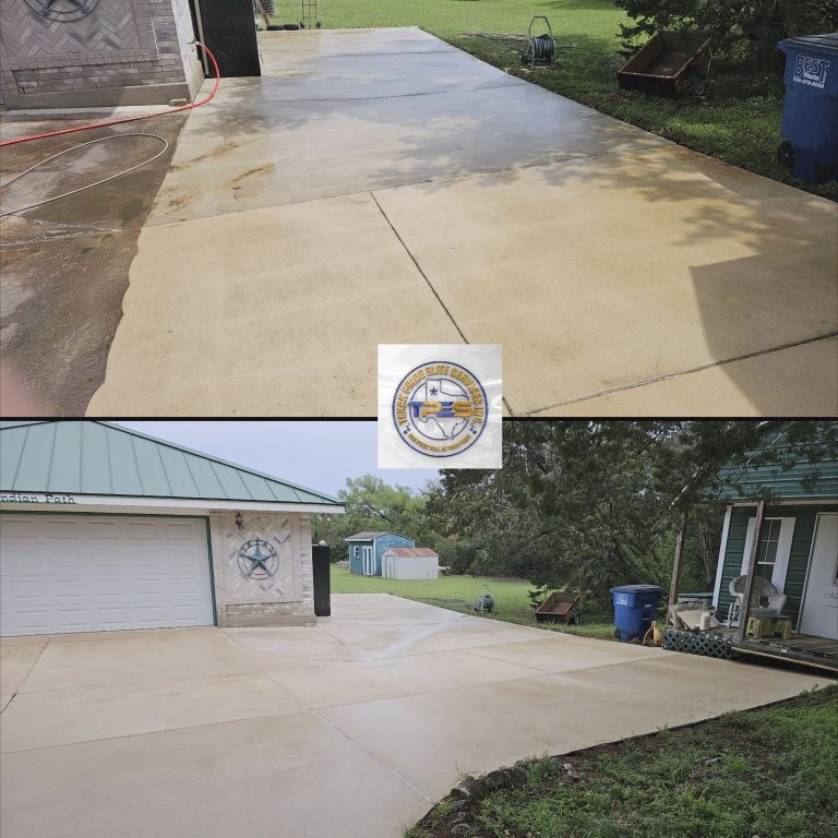 Big pressure washed driveway Before-and-after comparison of a cleaned concrete driveway.