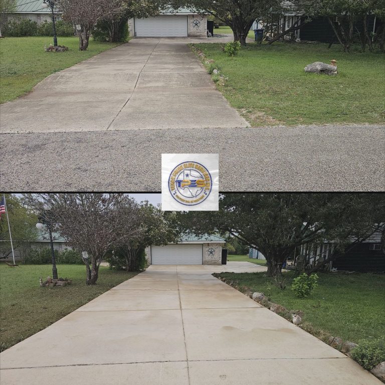 Cleaned long driveway Before and after view of a driveway, showcasing a clean, smooth surface and surrounding greenery.