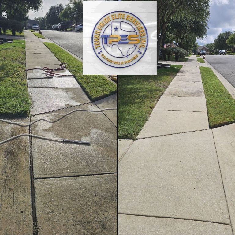 Big pressure washed driveway Before-and-after comparison of a cleaned concrete driveway.