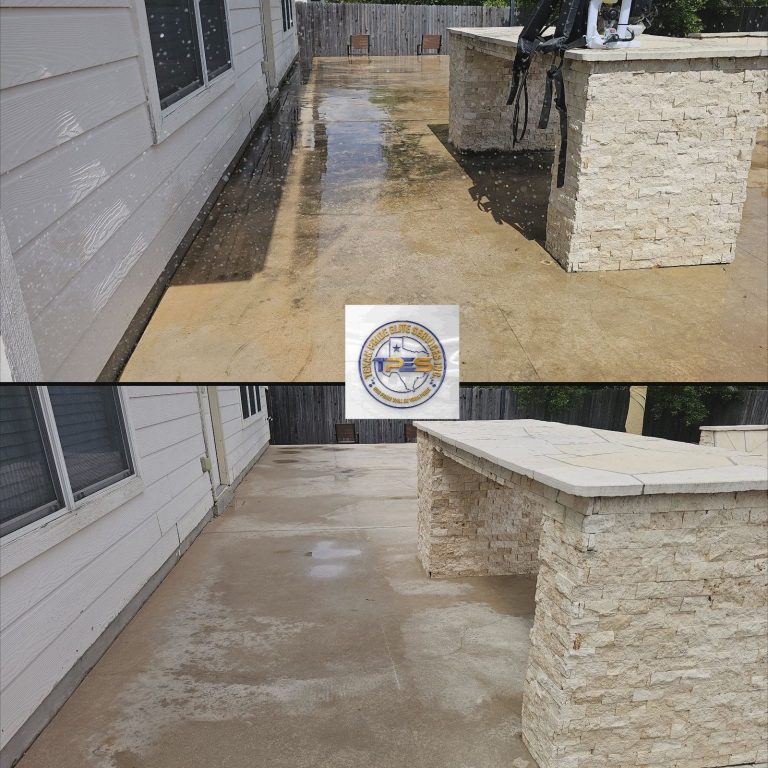 Cleaned long driveway Before and after view of a driveway, showcasing a clean, smooth surface and surrounding greenery.